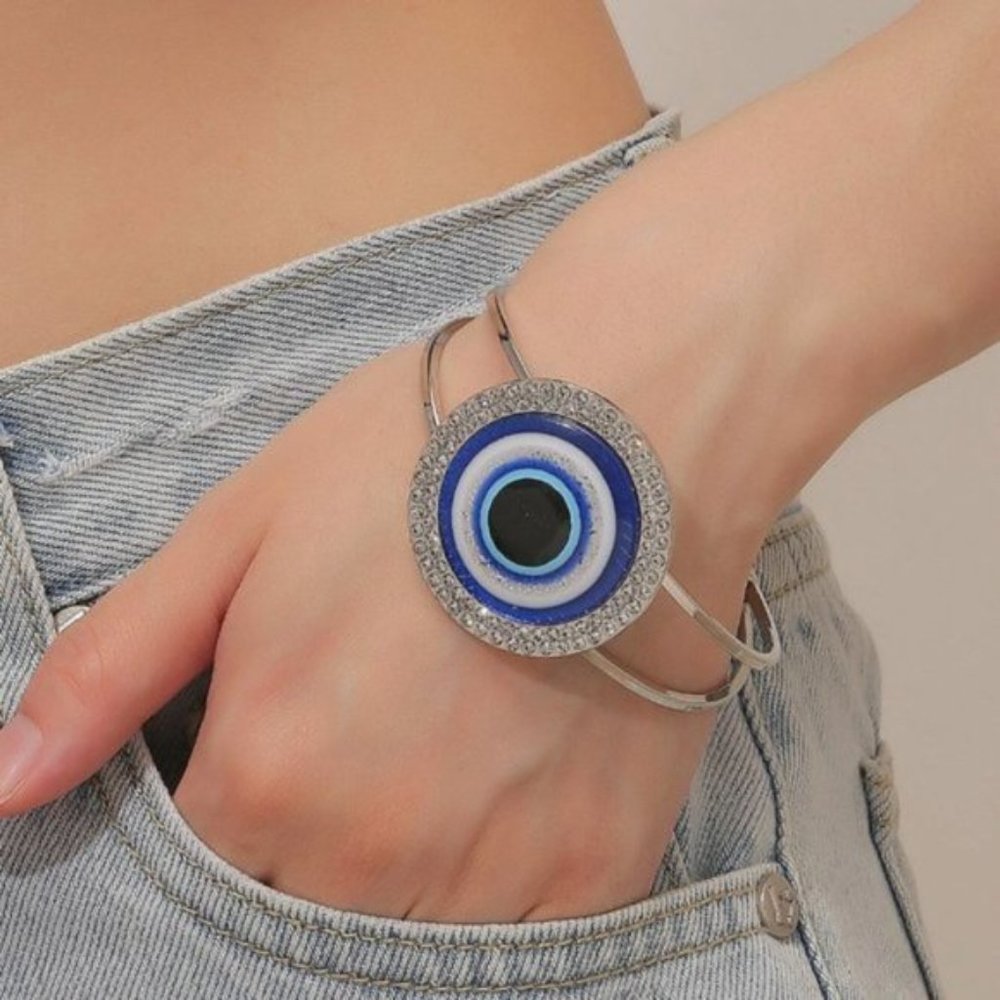 Rhinestone & Evil Eye Cuff Bangle